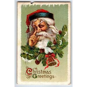 Christmas Postcard Santa Claus Finger On Nose Greetings Embossed Vintage Dec 25